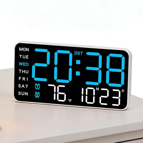 Hojalis LED Digitale Wanduhr mit Alarm, Temperatur, Datum, Woche, Sprachsteuerung, Sommerzeit, Helligkeitseinstellung, 21.5x2.7x11cm LED Wanduhr Digital für Zuhause, Schlafzimmer, Büro