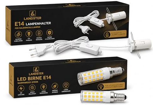 Ersatzkabel für Salzlampe mit Schalter – 1,8m Netzkabel Weiß – E14 Fassung mit Halteklammer – Ideal für Kristall-Salzlampen, Tischlampen und Stimmungslicht (E14Weiß+LED Birne)