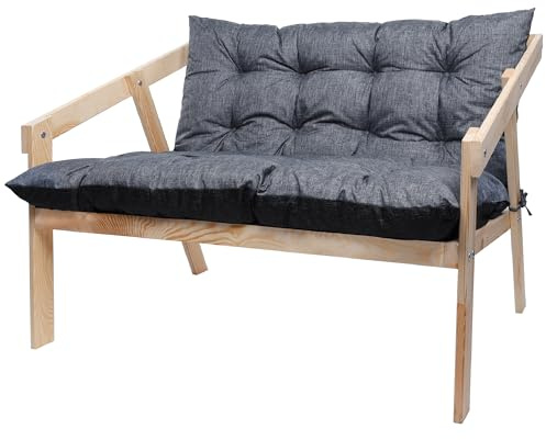 PATKAR Gartensofa 107x76x76 cm mit Sitzkissen - Holz Gartenmöbel für Terrasse, Garrten & Balkon - Gartenkissen Wasserdicht & UV-beständig - Unbehandelt Gartenbank bis 200kg – Grau-Schwarz