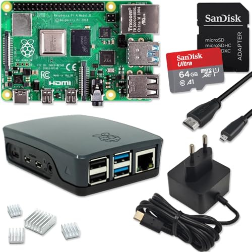 Raspberry Pi 4 4GB Starter-Set | Ultra 64GB Micro SD Karte | USB-C Netzteil 15W | Gehäuse schwarz | 4K Micro HDMI Kabel | Kühlkörper Set | Ideal für Smart Home, Retro Gaming & Home Assistant