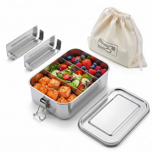 TEAMFAR 850ml Brotdose, Edelstahl Bento Lunch Box mit Fächern & Tasche | 2 Herausnehmbare Trennwände, für Kinder & Erwachsene, Metall Jausenbox Schule Büro Unterwegs, Auslaufsicher Brotzeitdose