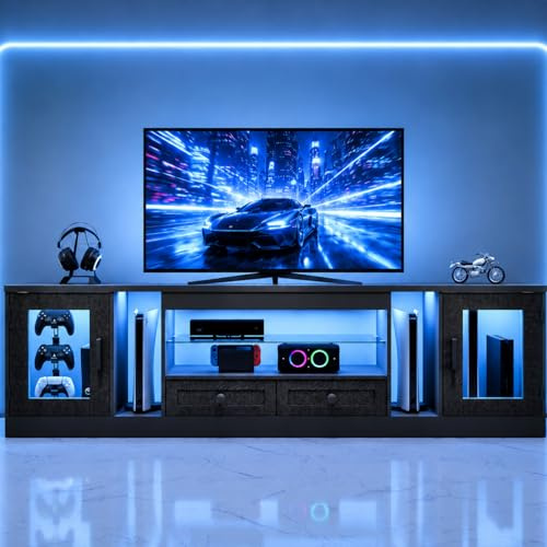 Concho Black TV Unit, TV Stand Cabinet with LED for Living Room | Suitable for up to 65'' TV, 2 Cabinets for PS5, 2 Drawers, Adjustable Shelves, Easy Assembly,180*32*50.5cm