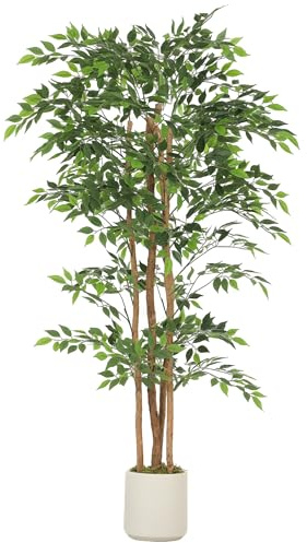 HOMCOM 180cm Artificial Ficus Tree Decorative Artificial Plant in Pot Green | Solid Wood Trunk, Indoor Living Room, Home Office Decor