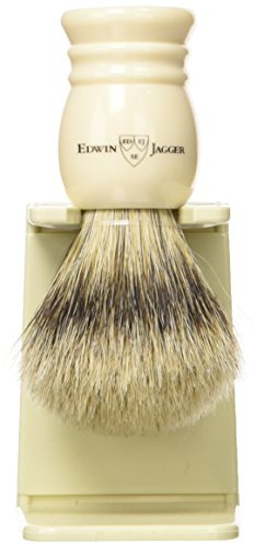 Edwin Jagger 1EJ257SDS Traditional Imitation Ivory Super Badger Hair Exfoliating Shaving Brush with Drip Stand for Shaving Soap or Cream for Men and Women (Medium)