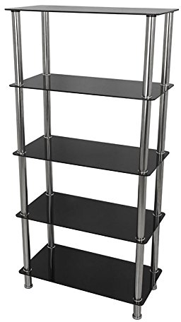 MAHARA 5 Tier Chrome Effect Black Glass Shelving Unit - Tempered Safety Glass Shelves Max 7kg Each - Storage Unit W70cm x D35cm x H144.5cm - Bedroom Storage/Living Room Accessories/Home Accessories