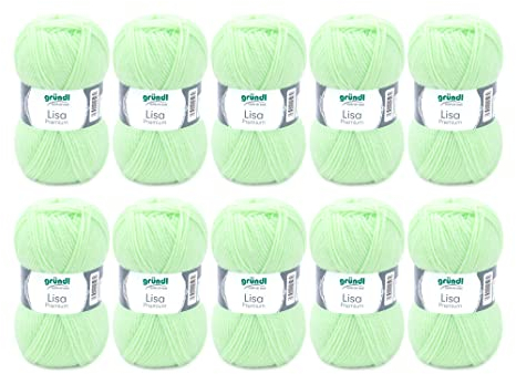 Gründl Wolle Lisa Premium uni - 10 x 50 g - Wolle zum Häkeln - Wolle zum Stricken - 100 % Polyacryl- Weich & Pflegeleicht- Nadelstärke 3,5-4,5 - Helles Neongün