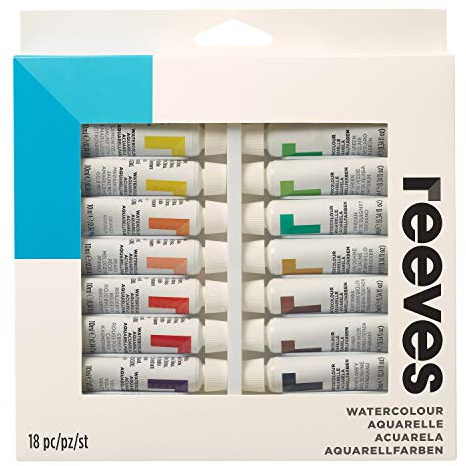 Reeves Watercolour Paint Set - Highly Pigmented Colour Paints for Artists - Art Supplies for Adults & Kids - Suitable for Canvas & Watercolour Boards - 18 x 12ml Pack, Assorted Colours