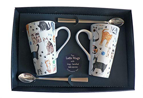 Set of 2 cat Latte Mugs Gift Boxed with Spoons. Ceramic Latte Mug 3/4pt Capacity