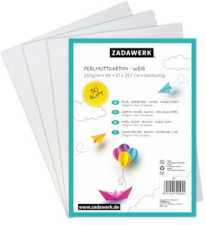 ZADAWERK® Perlmuttkarton - 250 g/m²- A4 - Weiß - 50 Blatt - Perlig schimmerndes dickes Dekorpapier zum Karten basteln und bedrucken - Hochzeit - Geburt