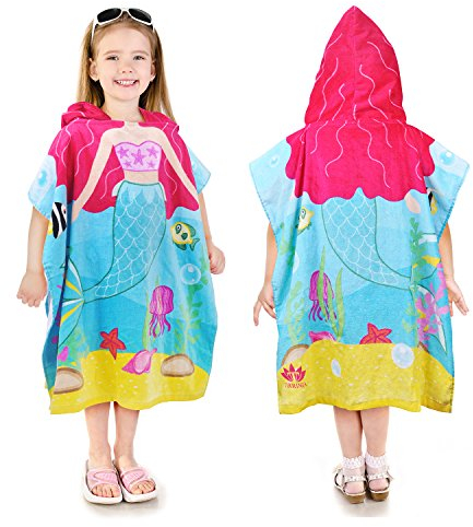 Kato Tirrinia 100% Baumwolle Badeponcho Strandtuch 90-120cm Mädchen Kinder, Absorbierender Bademantel Badehandtuch mit Kapuze, Handtuch Poncho für Strand Schwimmen Camping Baden, Meerjungfrau
