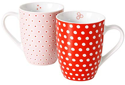 B&B 2 STK Kaffeetassen rot Weiss rosa gepunktet Keramik Kaffee Tassen Becher Pott Dots Punkte Teetassen Kaffeepott Geschenk Valentinstag