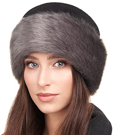 Futrzane Classic Mütze mit Fellrand - Pelzmütze Damen - Fell Pelz Russenmütze (M, Schwarz - Grau Kurze Classic)