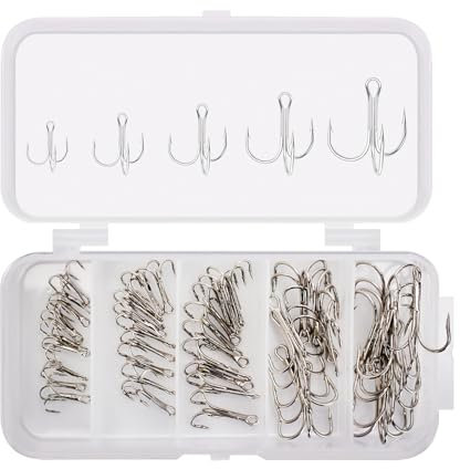 OriGlam 50pcs Fishing Treble Hooks Kit, High Carbon Steel Fishing Hook, Strong Sharp Round Bend Treble Hook 2# 4# 6# 8# 10# for Freshwater Saltwater