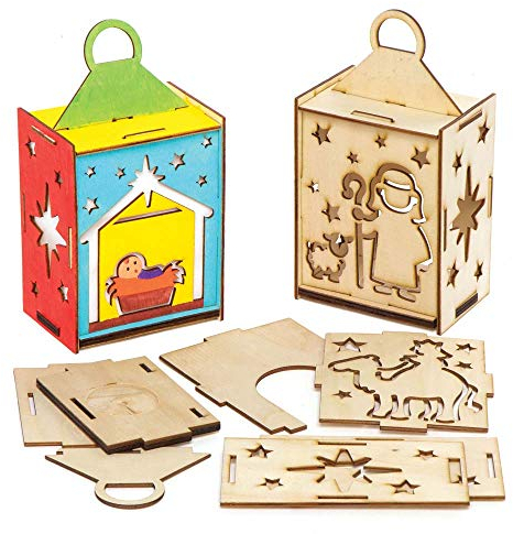 Baker Ross AX558 Weihnachtskrippe Laterne Bastelset aus Holz - 3er Pack, Holzlaterne für Mädchen zum Basteln und Bemalen