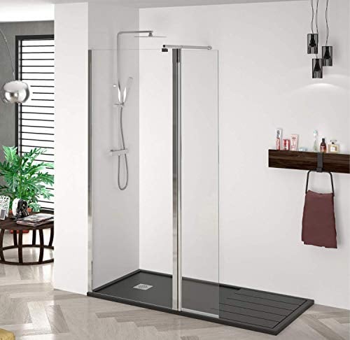 Mampara de Ducha Fijo con Puerta Abatible Italia – Panel Pantalla Fijo Walk In TRANSPARENTE – 1,95 metros de alto y Cristal templado de 6mm de espesor, 95 cm