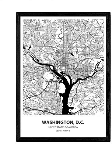 Nacnic Poster mit Karte von Washington D. C - USA. Blätter von US-Städte mit Meeren und Flüssen in schwarz und weiß. A3