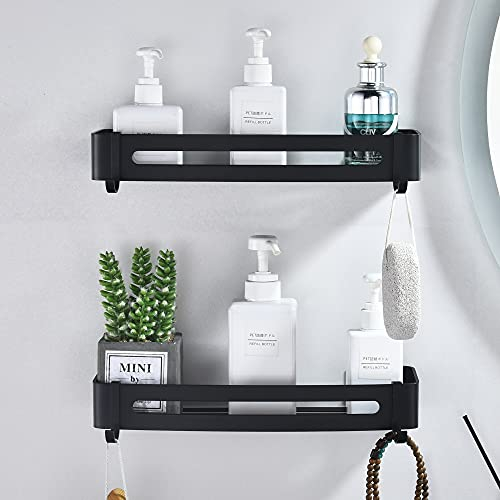 Etagere Douche Noir Etagere Salle de Bain sans Percage Panier Murale de Douche en Aluminium Tablette de Rangement Salle de Bain Serviteurs de Douche Adhésive, Durable, Non Rouillée (2 Niveaux)