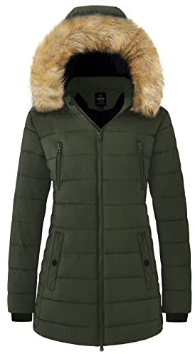 Wantdo Chaqueta de Abrigo Cálido de Invierno Parka Mediana Larga para Mujer | Impermeable, Cortavientos,Abrigado,Capucha de Piel Sintética Desmontable, Multibolsillos,Cintura Ajustable,Otoño