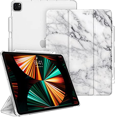 FINTIE Custodia per iPad PRO 12.9 (6ª Generazione 2022), [Built-in Pencil Holder] Sottile Semi-Trasparente Cover Case con Auto Sveglia/Sonno per iPad PRO 12.9 2021/2020/2018, Marble Bianco