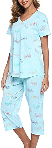 ENJOYNIGHT Womens Pyjamas Short Sleeve Top and Cropped Bottoms Pjs Set | Soft Cotton Loungewear, V-Neck, Cute Print, Elasticated Waistband Capri Pants, Daily Casual Nightwear