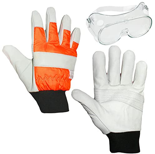 Spares2go Large Hi Visibility Chainsaw Protective Gloves - Size 10 - Both Hands Protected + Safety Goggles