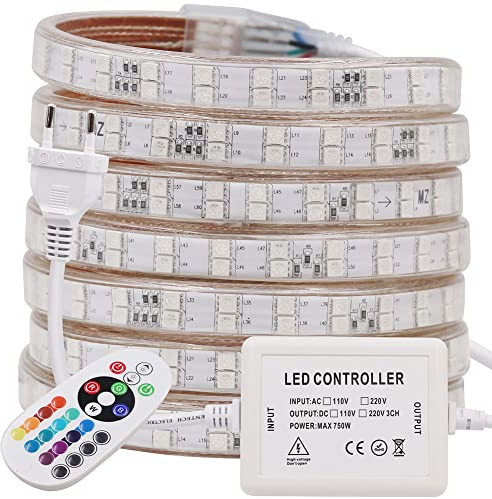 Wisada Doppelreihe RGB LED Streifen, 5M 220V SMD 5050 120LEDs/m Flexibler Bunt Streifen, Innen Multi-Farbwechsel LED Lichtband mit 24 Tasten Fernbedienung und 750W RGB Regler für Schlafzimmer, Schrank