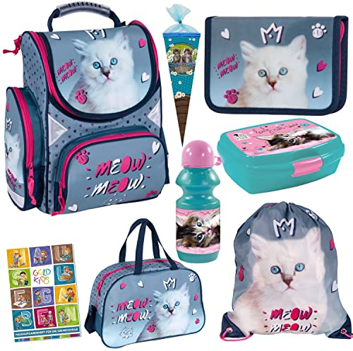 Goldkids Schulranzen Katze Cat Motiv ergonomischer Ranzen Federmappe Turnbeutel Brotdose Trinkflasche Sporttasche Zuckertüte Aufgabenheft für die Grundschule 8er Set.