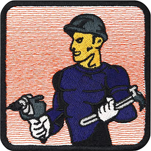 Handwerker Aufnäher/Aufbügler gestickt Handiman Patch zum annähen/aufbügeln | Hammer und Bohrmaschine | Heimwerker Geschenk Applikation für alle Stoffe | 75x75mm