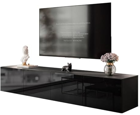 lukmebel Colgante TV-Ständer Doppelschrank mit Push-to-Open-Mechanismus Wandmontage Glatte Minimalistische Front aus Laminierter Platte 40x200x36 cm Schwarz/Schwarz Glänzend