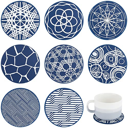 craspire Lot de 8 sous-Verres Ronds en Caoutchouc de Silicone Bleu Imperméable Antidérapant Tapis Décoratif sous-Verres pour Café Bière Vin Bouteille en Verre Maison et Bar