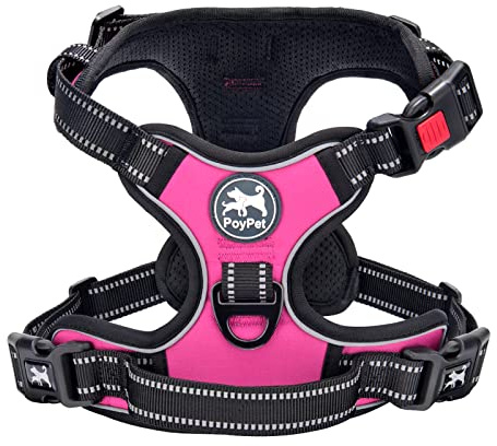PoyPet Dog Harness Large, No Pull with Front Clip & Neck Release Buckle | No Choke, Lockable, 2 Leash D-rings, Adjustable Vest, Reflective, Oxford, Soft Padded Handle for Walking Training, XL, Pink
