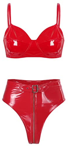TiaoBug Damen Metallic Bikini Sets Zweiteiliger Badeanzug Bademode Wetlook BH Oberteil und Bikinihose Lack Leder Ouvert Slip mit Reisverschluss Rot High Waist M