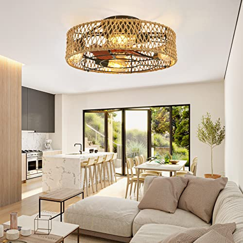 ATEEZ Vintage Lampara Ventilador Techo Dormitorio Cage 6 Velocidades Motor Reversible Farmhouse Ventilador de Techo con Luz Y Mando a Distancia Silencioso Lampadario Ventilatore Pala de Estar-B