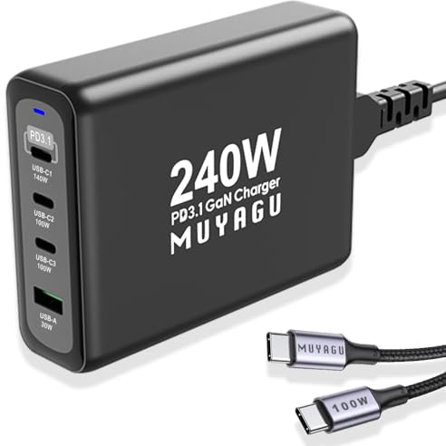 240W USB C Fast GaN Charger, MUYAGU 140W + 100W 4 Ports Fast Charger USB C Charging Station/Power Adapter with 1m PD USB C Cable, for MacBook Air/Pro, iPhone 15/14 Pro, Dell, iPad, Laptop's (UK Plug)