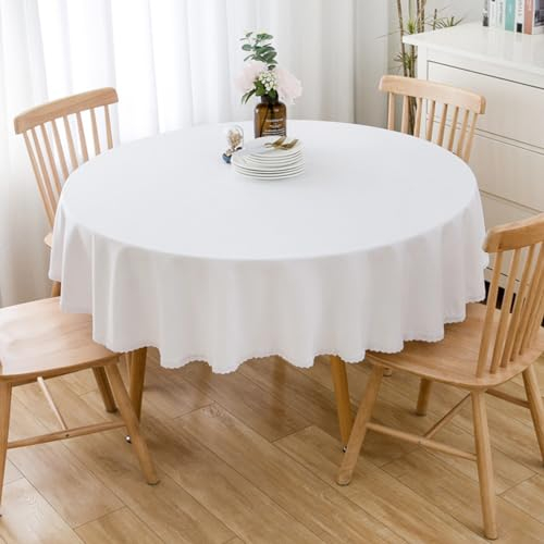 BHOMTY Runde Tischdecke aus Baumwollleinen, geeignet für Esstische, Kaffeetische, maschinenwaschbar, weiß, Durchmesser 140 cm