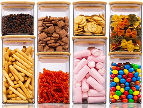 Deco haus Barattoli Vetro con Coperchio Legno Set di 8 [+ETICHETTE] - Contenitori Pasta Vetro - Contenitori Cucina - Porta pasta contenitore per Biscotti, Farina, Cereali, Spaghetti