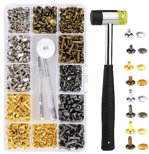 Leder Nieten Set 480 Stück 4 Farben Doppelkappennieten für Leder 2 Größen mit Gummihammer-Installationswerkzeug-Set Doppelkappe mit Nietenzange Druckknöpfe für DIY Handwerk Reperatur Nähen 8mm 6mm