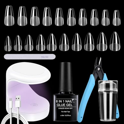 Nageltips für Gelnägel Kit, Mandel Tips für Nägel, Fake Nails Tips Coffin, Pre Buffed Tips für Nagelkunst mit Mini Nagellampe, Nagelfeile, Nagelknipser, Nagelkleber und 1 Stück Silikon-Nagelstempel