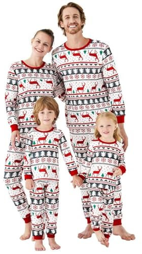 PATPAT Familien Weihnachtspyjama Set, Partner Pyjama Familie Set, Weihnachtsoutfit für Familie, Mutter Tochter Kleidung - Komfortables Weihnachtskleidung Familie Set, Elche Weiß, Damen: L