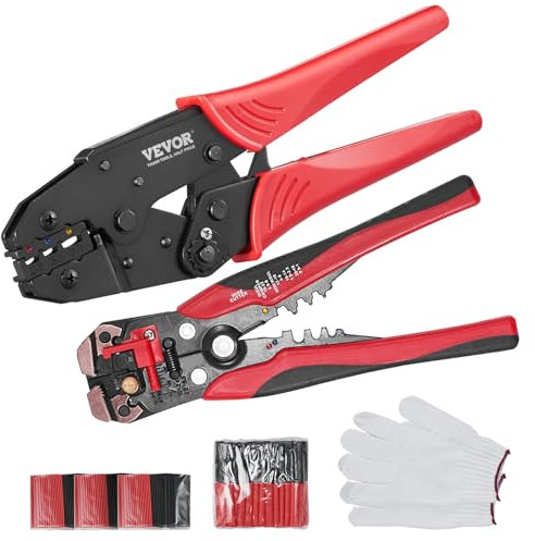VEVOR Pinze Crimpatrice 0,5-6mm² in Acciaio per Terminali Isolati in Nylon Termorestringente AWG22-10, Pinza Crimpaggio Capicorda con Guanti Spelafili 210 Tubi Termorestringenti Pressione Regolabile