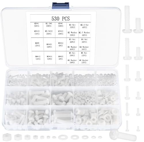 530 Stk Nylon Kunststoff Schrauben und Muttern und Unterlegscheiben Set, Flachkopfschrauben, Kreuzschlitz Rundkopfschrauben Muttern Set, metrische Sechskantschrauben - M2/M2.5/M3/M4/M5/M6