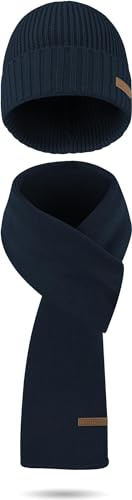 normani Wintermütze und Schal aus Merinowolle für Damen und Herren perfektes Set für die kalte Jahreszeit Farbe Navy