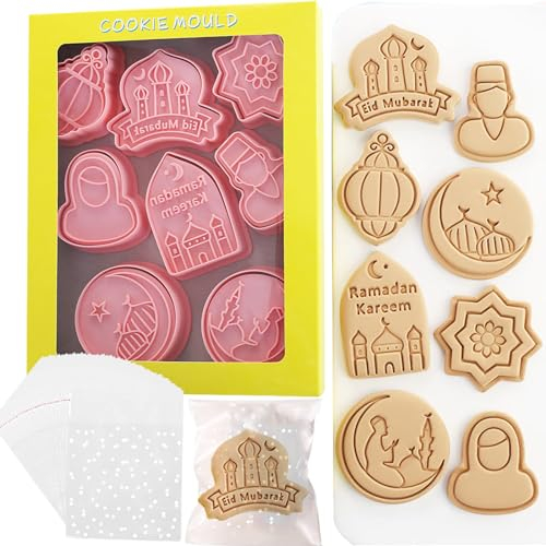 WUXTANGZ Eid Mubarak Cookie Cutters Set, 8Pcs Plastic Stamps and 100Pcs Clear Bags, 3D Cookie Stamps for Ramadan Islamic Muslim Biscuit Snack Baking