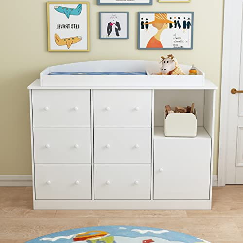 PREMTURE Cómoda cambiador con tope de 16 cm de alto, cambiador con 6 cajones, cambiador con rieles metálicos silenciosos, protección antivuelco, 111 cm para protección lumbar, tablero de MDF grueso