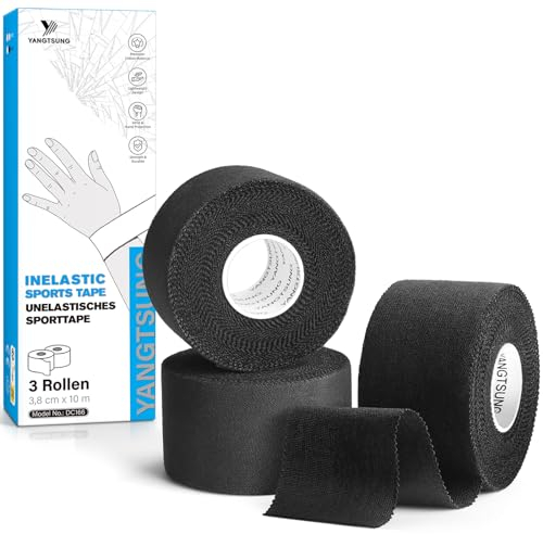 YANGTSUNG 3 Rollen Sporttape, 3,8cmx10m Fingertape mit starke Haftung, hautfreundliches Sporttape, Selbstklebende reißbare Sport Tapeverband für Fußball, Klettern, Alle Sportarten (Schwarz)