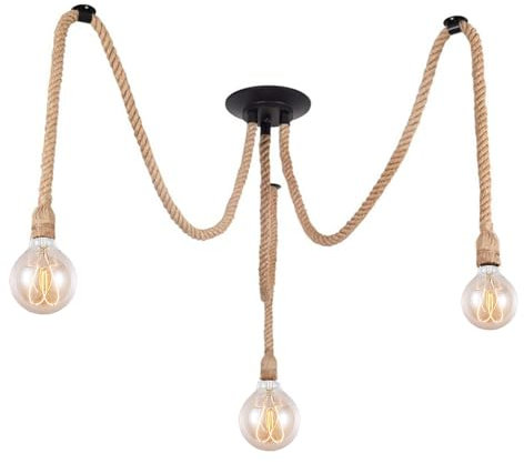 Lustre Suspension en corde, Industrielle Corde Luminaire, Corde De Chanvre, E27 Lampe Suspension Chanvre Corde Lumière Suspendue Plafonnier, Araignée pour Restaurant Salon Cuisine (3 têtes)