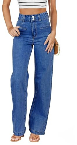 Sidefeel Women's Wide Leg Jeans High Waisted Straight Leg Ankle Jeans Stretchy Trendy Tummy Control Loose Denim Pants Blue Size 14