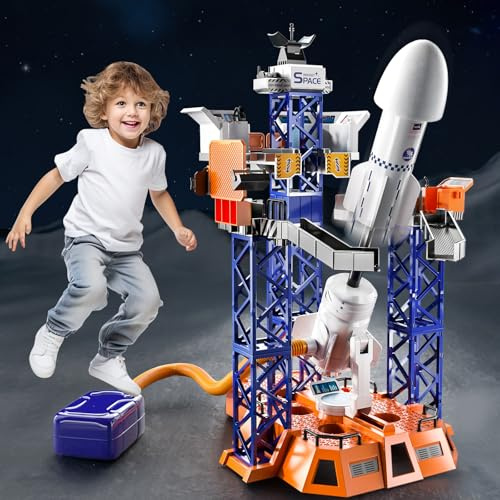TEMI Rakete Spielzeug Raketenwerfer für Kinder 3 4 5 6 7 8 9, STEM-Weltraumspielzeug mit Startzentrum, Konsole, Satellit, Astronauten, Projektionslampe Geschenk für Jungen und Mädchen ab 3 Jahren