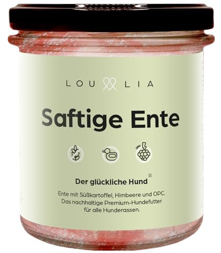 Lou und Lia Nassfutter für Hunde - Saftige Ente - Hundefutter mit 100% frischem Fleisch, Getreidefrei & Monoprotein - Süßkartoffel, Himbeere, OPC - Für alle Hunde (4X 290g Gläser) (4 x 290 g)