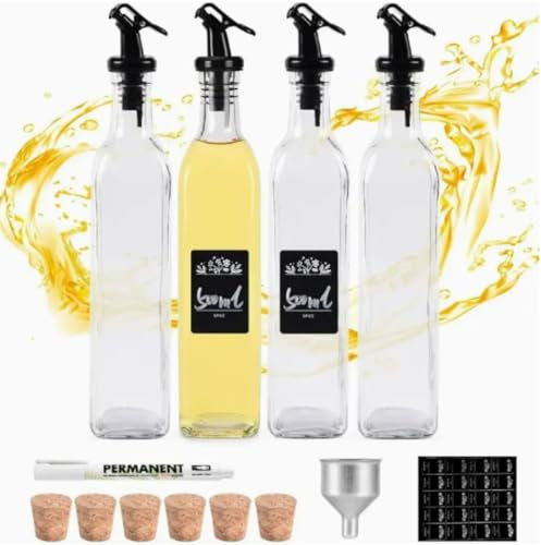 500ml Oil and Vinegar Dispenser Bottles, Pack of 4 Glass Oil Bottles for Cooking and Serving, Lead-Free Glass Cruet Drizzler Bottles with Pourer, Cork, Labels, Pen & Funnel